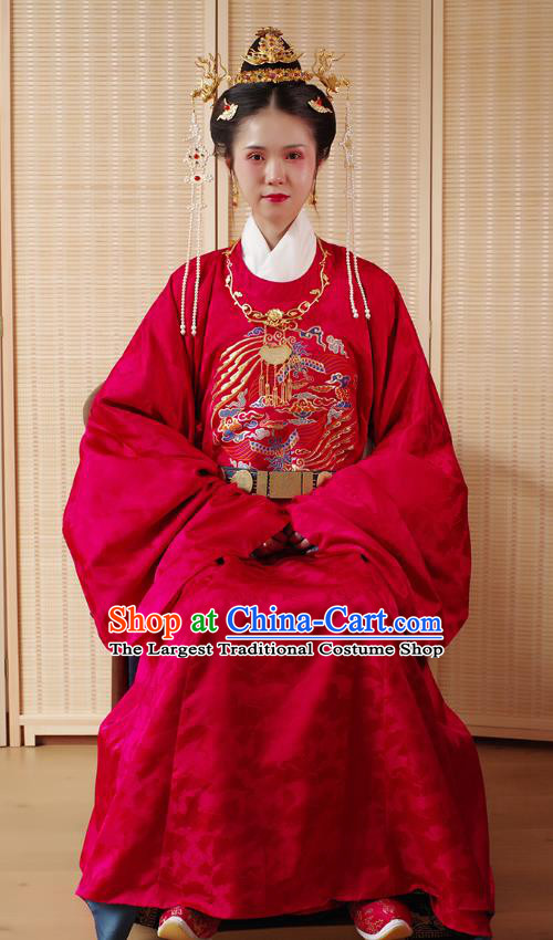 China Ancient Ming Dynasty Empress Wedding Historical Costume Traditional Embroidered Red Hanfu Dress Clothing for Women