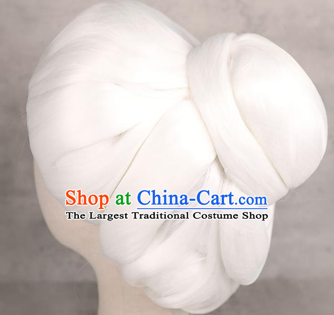 Handmade Chinese Ancient Elderly Woman White Wig Sheath Traditional Ming Dynasty Dowager Countess Wigs Chignon Headwear
