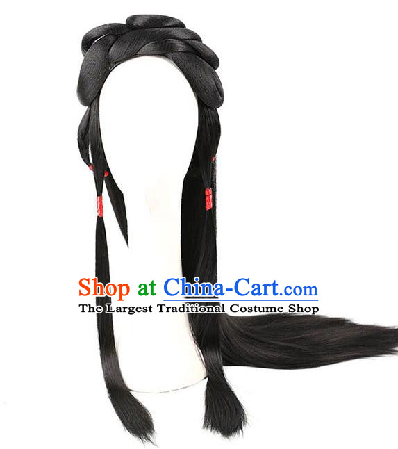 Handmade Chinese Ancient Palace Princess Wig Sheath Traditional Ming Dynasty Female Swordsman Wigs Chignon