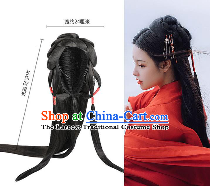 Handmade Chinese Ancient Palace Princess Wig Sheath Traditional Ming Dynasty Female Swordsman Wigs Chignon