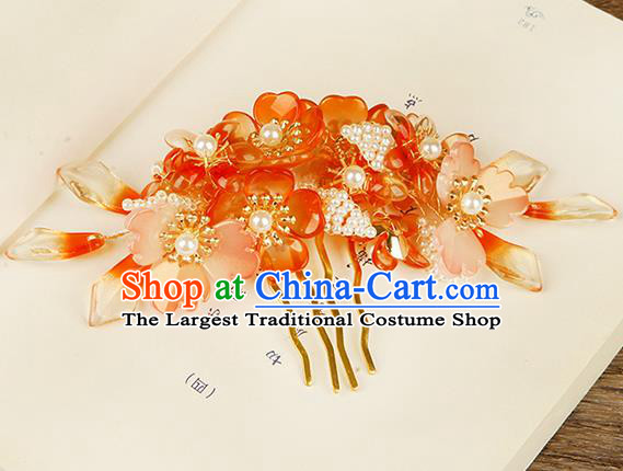 China Ming Dynasty Princess Hair Comb Traditional Ancient Young Lady Red Flowers Hairpin Hair Jewelry