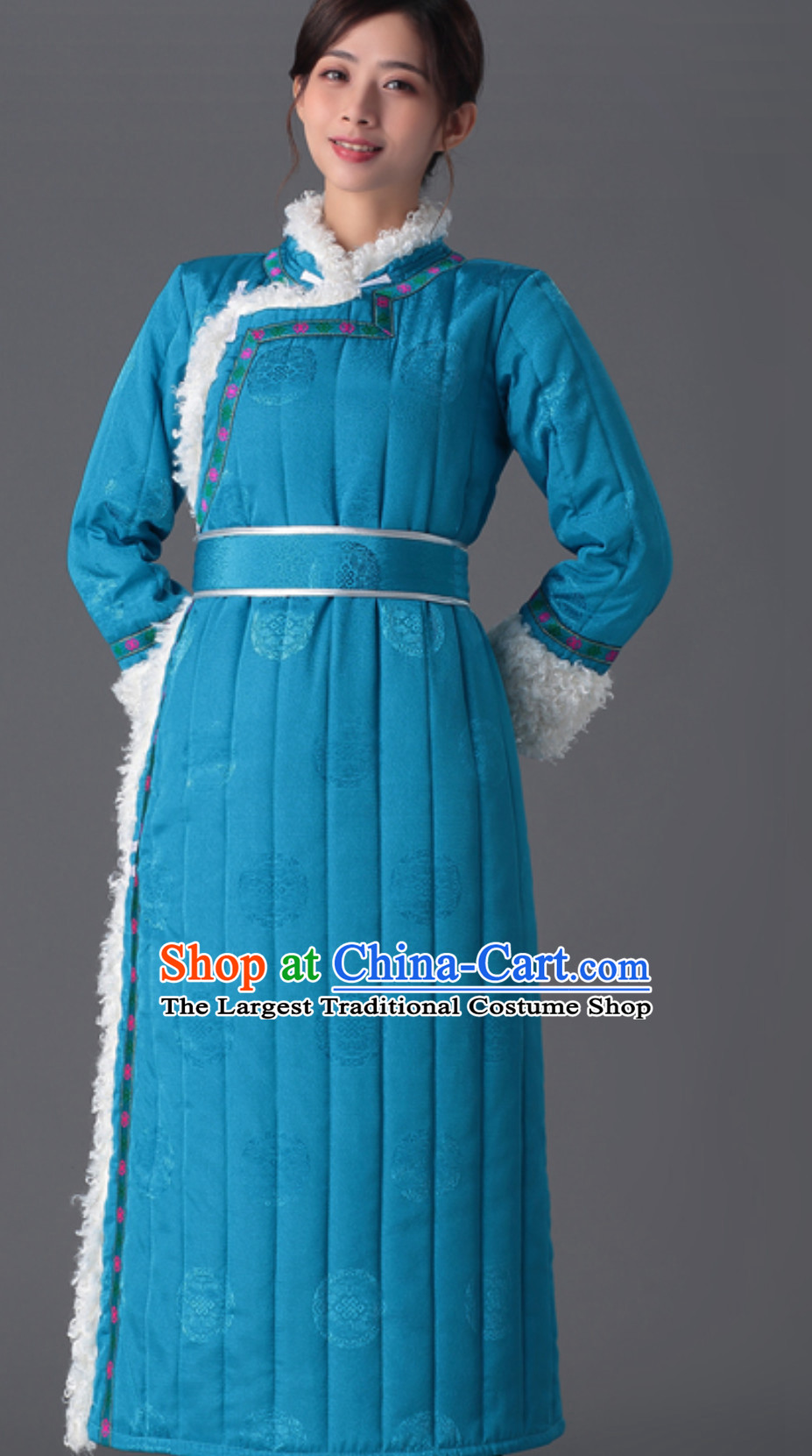 Top Chinese Traditional Mongol Minority Ethnic Costume Blue Fabric Mongolian Dresses for Women