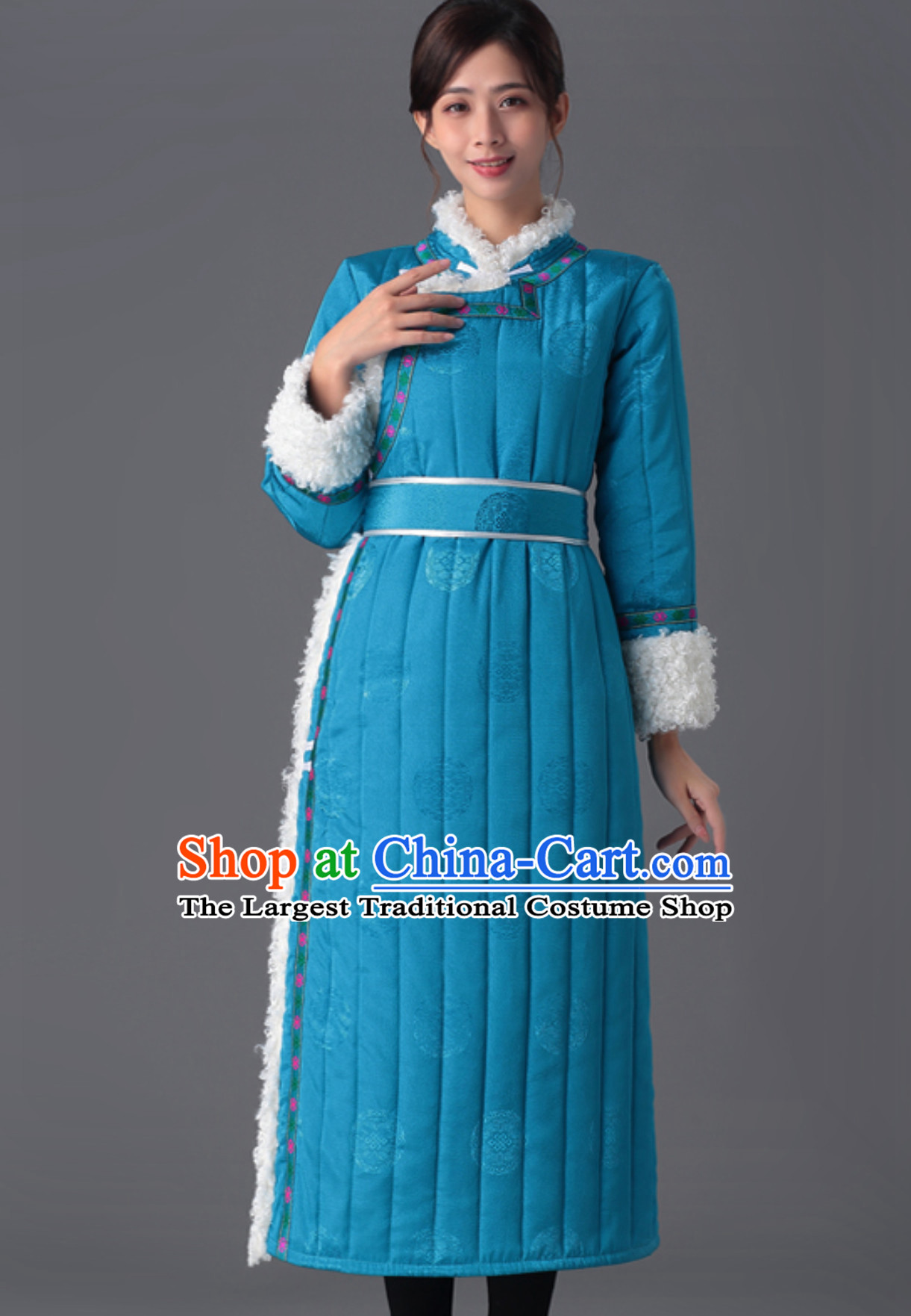 Top Chinese Traditional Mongol Minority Ethnic Costume Blue Suede Fabric Mongolian Dust Coat for Women