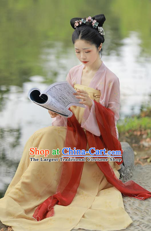 China Ancient Village Girl Hanfu Clothing Traditional Tang Dynasty Young Beauty Historical Costume
