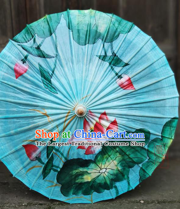 Traditional China Blue Oil Paper Umbrella Handmade Umbrellas Artware Painting Lotus Umbrella