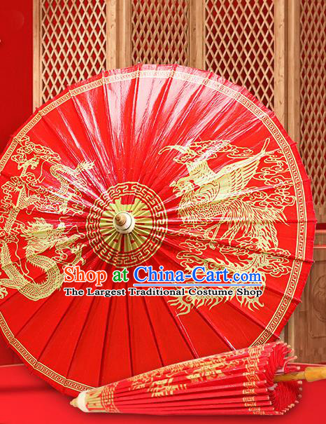 Traditional China Handmade Wedding Umbrellas Artware Bride Red Paper Umbrella Printing Dragon Phoenix Oil Paper Umbrella