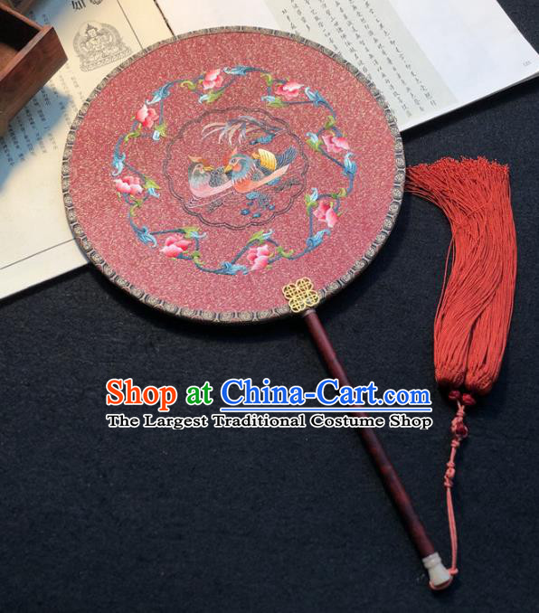 Handmade China Traditional Wedding Circular Fan Embroidery Mandarin Duck Palace Fan Embroidered Pink Silk Fan