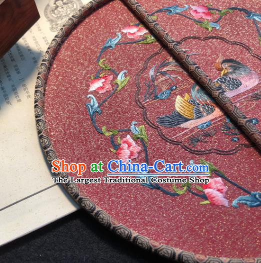 Handmade China Traditional Wedding Circular Fan Embroidery Mandarin Duck Palace Fan Embroidered Pink Silk Fan