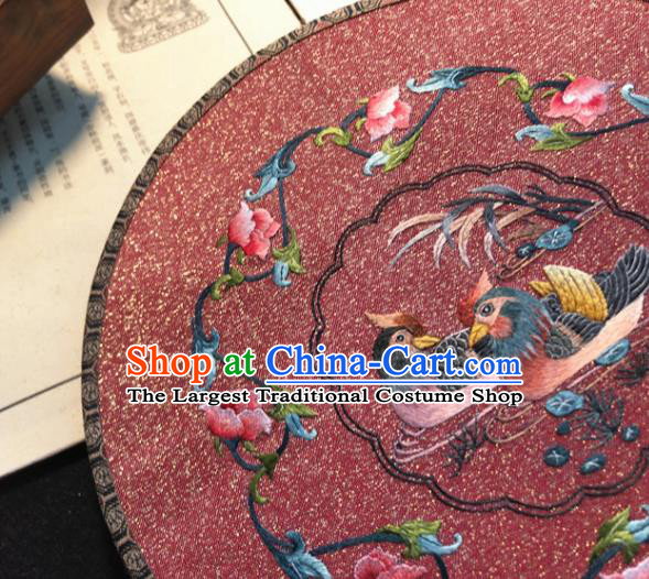 Handmade China Traditional Wedding Circular Fan Embroidery Mandarin Duck Palace Fan Embroidered Pink Silk Fan