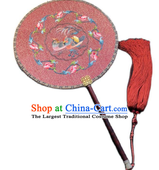 Handmade China Traditional Wedding Circular Fan Embroidery Mandarin Duck Palace Fan Embroidered Pink Silk Fan