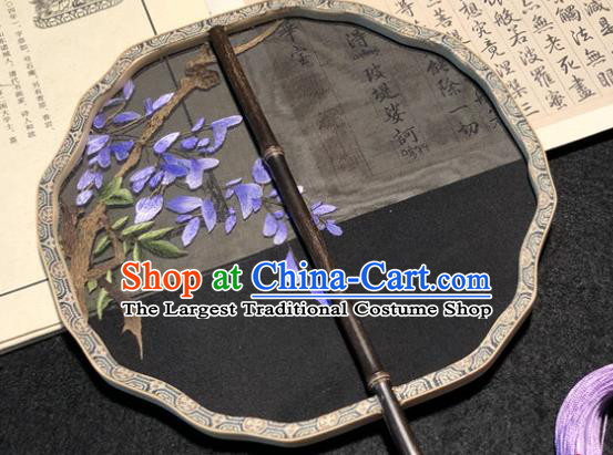 Handmade China Traditional Princess Fan Embroidery Wisteria Palace Fan Embroidered Black Silk Fan