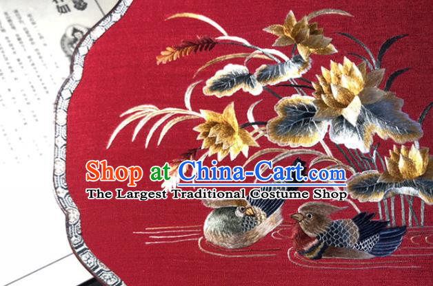 Handmade China Wedding Palace Fan Classical Dance Red Silk Fan Traditional Princess Embroidered Mandarin Duck Fan