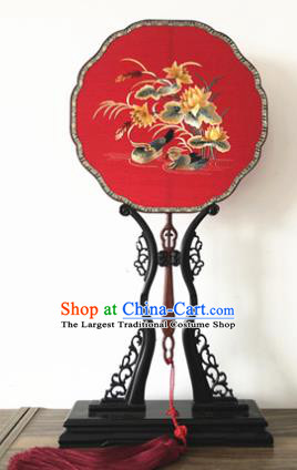 Handmade China Wedding Palace Fan Classical Dance Red Silk Fan Traditional Princess Embroidered Mandarin Duck Fan