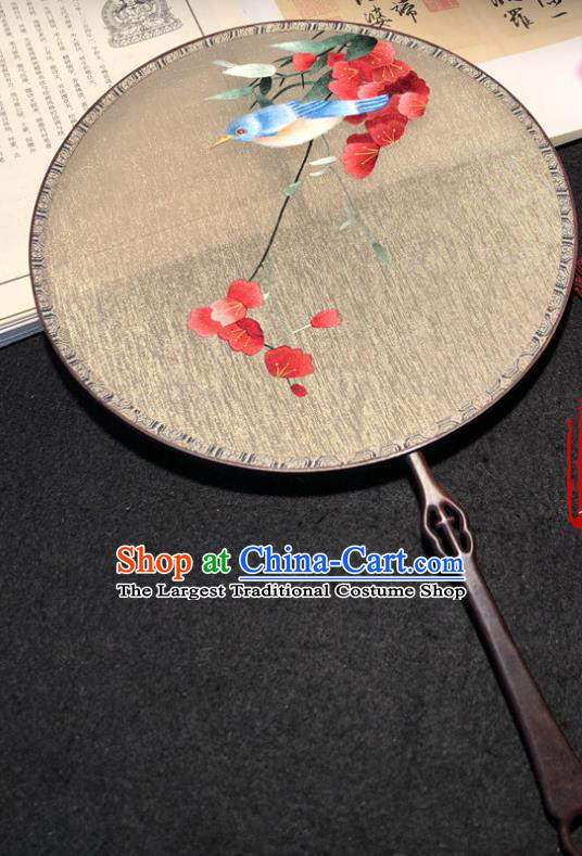 Handmade China Princess Palace Fan Classical Dance Silk Fan Traditional Embroidered Plum Bird Circular Fan