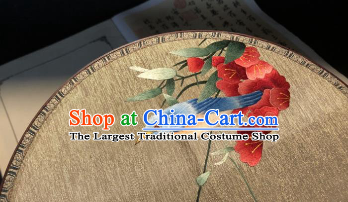 Handmade China Princess Palace Fan Classical Dance Silk Fan Traditional Embroidered Plum Bird Circular Fan
