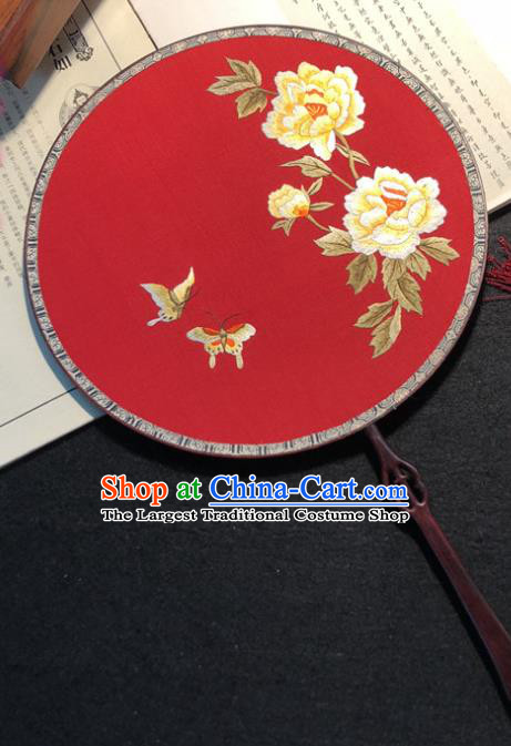 Handmade China Wedding Palace Fan Traditional Embroidered Peony Butterfly Circular Fan Classical Dance Red Silk Fan