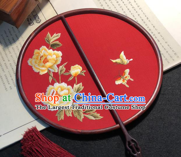 Handmade China Wedding Palace Fan Traditional Embroidered Peony Butterfly Circular Fan Classical Dance Red Silk Fan