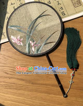 Handmade China Embroidered Orchids Silk Fan Princess Circular Fan Traditional Hanfu Fans Classical Palace Fan