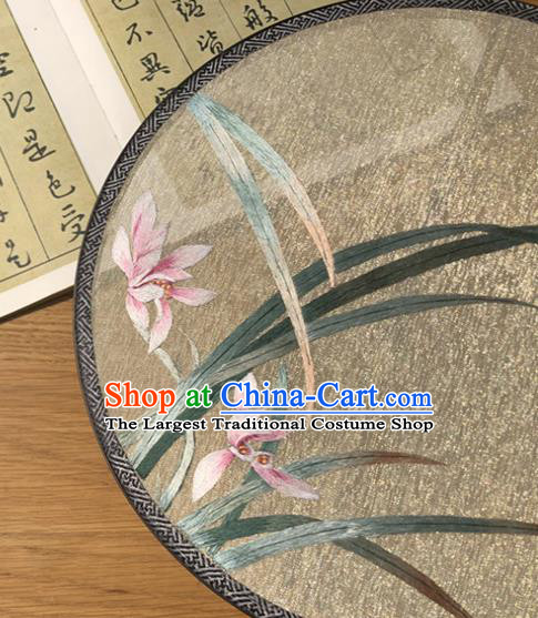 Handmade China Embroidered Orchids Silk Fan Princess Circular Fan Traditional Hanfu Fans Classical Palace Fan