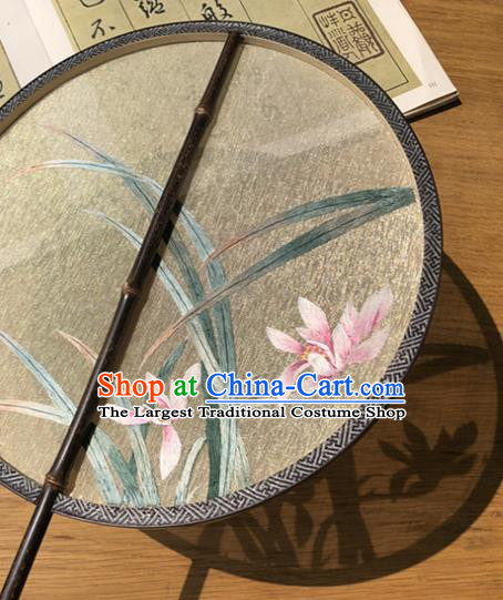 Handmade China Embroidered Orchids Silk Fan Princess Circular Fan Traditional Hanfu Fans Classical Palace Fan