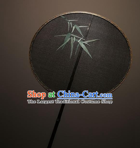 China Classical Bamboo Pattern Palace Fan Traditional Song Dynasty Hanfu Circular Fan Handmade Black Silk Fans