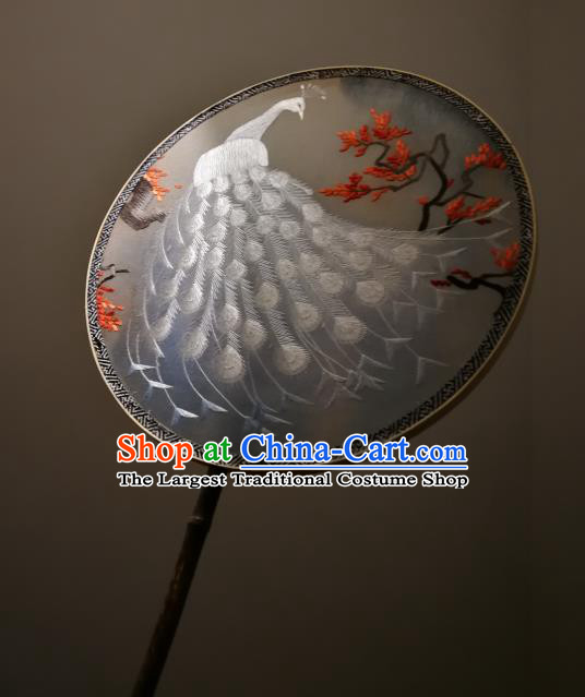China Traditional Double Sides Circular Fan Handmade Embroidered White Peacock Silk Fans Classical Palace Fan