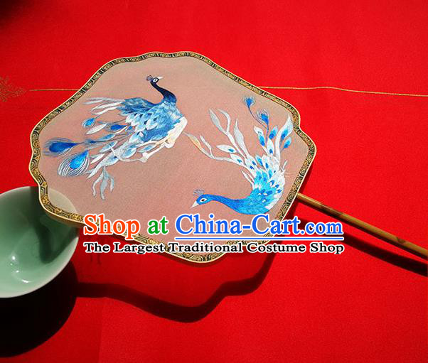 China Classical Palace Fan Traditional Double Sides Wedding Fan Handmade Embroidered Peacock Silk Fans