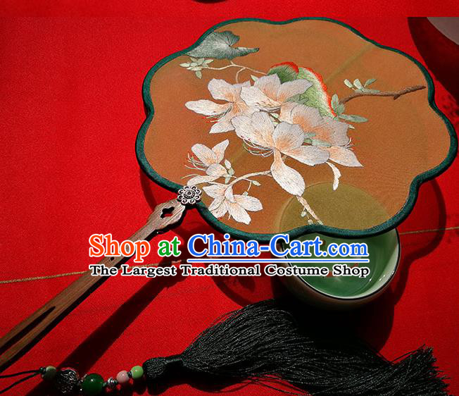 China Traditional Embroidered Mangnolia Fan Classical Palace Fan Handmade Song Dynasty Ginger Silk Fans