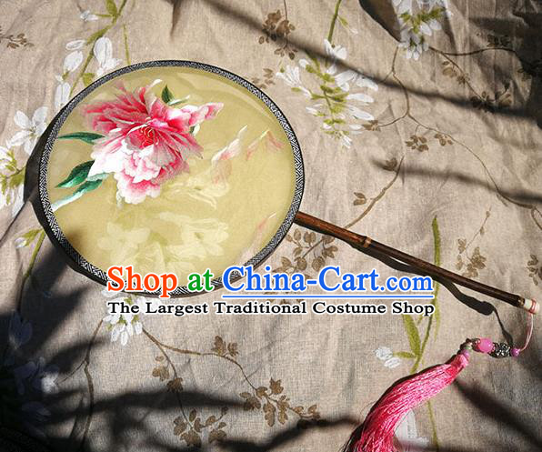 China Traditional Embroidered Peony Circular Fan Handmade Double Sides Yellow Silk Fan Classical Dance Palace Fan