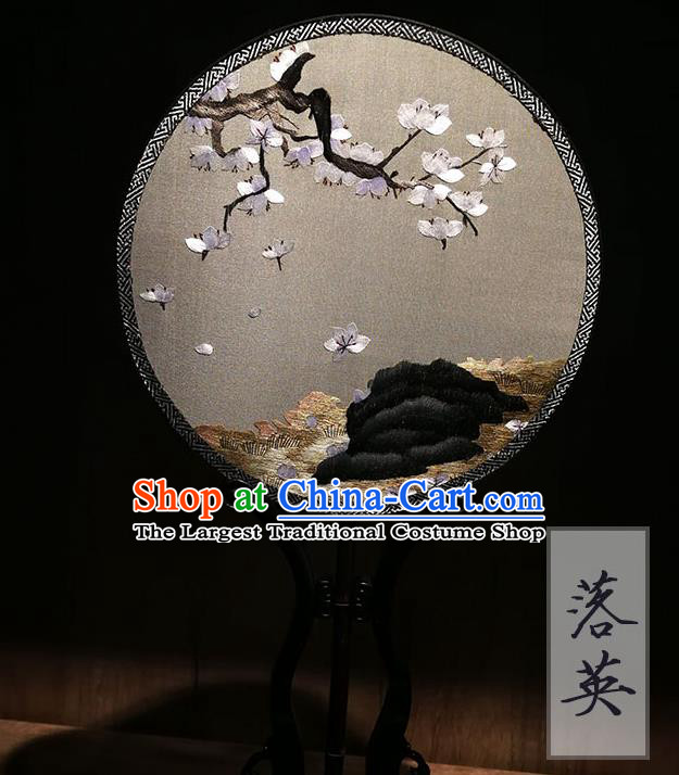 China Classical Dance Palace Fan Traditional Embroidered Sakura Circular Fan Handmade Double Sides Grey Silk Fan