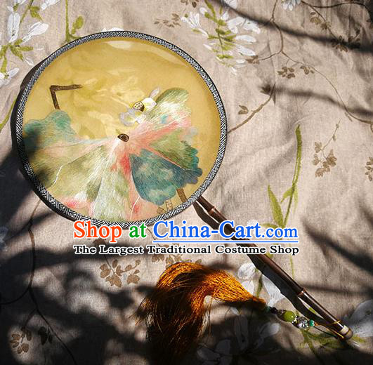 China Traditional Hanfu Embroidered Lotus Circular Fan Classical Dance Palace Fan Handmade Yellow Silk Fan