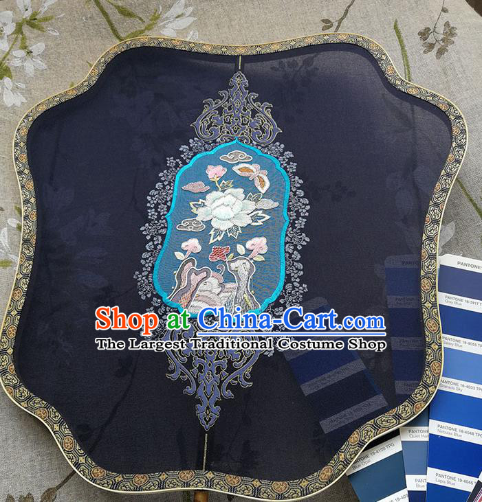 China Handmade Navy Silk Fan Wedding Fan Traditional Hanfu Embroidered Fan Classical Palace Fan