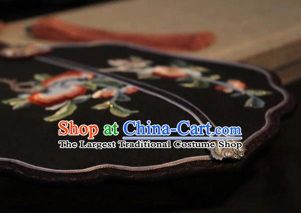China Classical Wedding Palace Fan Traditional Ming Dynasty Hanfu Fan Embroidered Fan Handmade Black Silk Fan