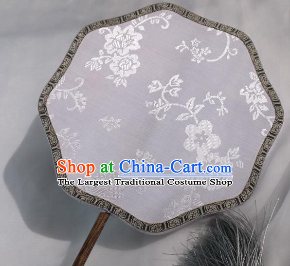 China Handmade Grey Silk Fan Classical Plum Blossom Pattern Palace Fan Traditional Hanfu Dance Fan