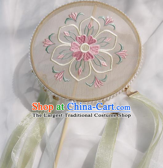 China Traditional Tang Dynasty Hanfu Fan Ancient Princess Embroidered Palace Fan Handmade Khaki Silk Circular Fan