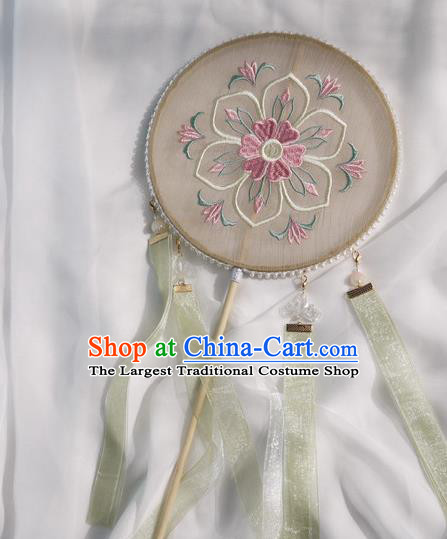 China Traditional Tang Dynasty Hanfu Fan Ancient Princess Embroidered Palace Fan Handmade Khaki Silk Circular Fan
