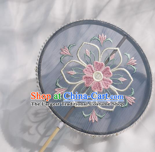 China Traditional Tang Dynasty Princess Fan Handmade Embroidered Palace Fan Navy Silk Circular Fan