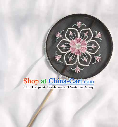 China Classical Black Silk Circular Fan Traditional Tang Dynasty Princess Fan Handmade Embroidered Palace Fan