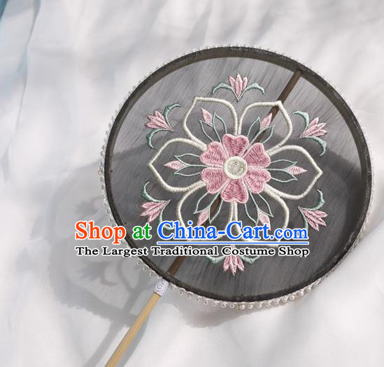 China Classical Black Silk Circular Fan Traditional Tang Dynasty Princess Fan Handmade Embroidered Palace Fan