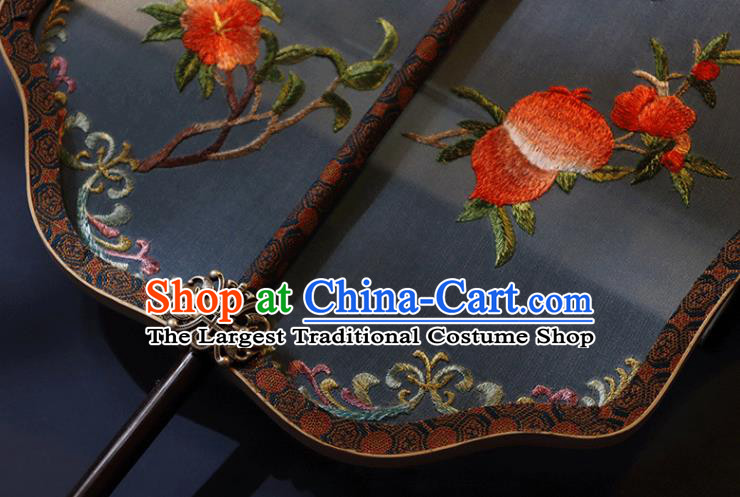 China Handmade Blue Silk Fan Classical Palace Fan Traditional Ming Dynasty Hanfu Embroidered Pomegranate Fan