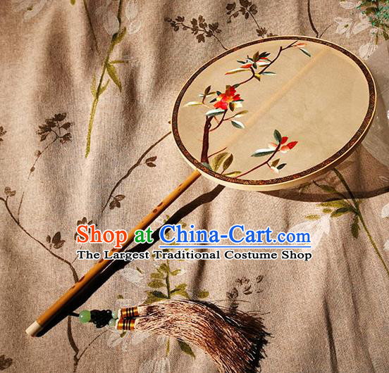 Handmade China Embroidered Circular Fan Classical Palace Fan Traditional Hanfu Fans Beige Silk Fan