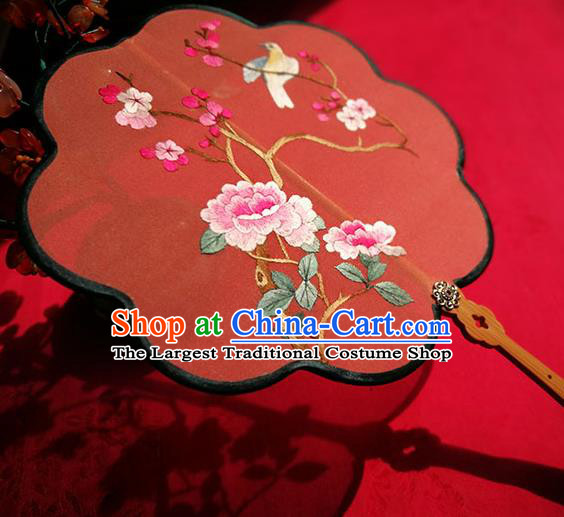 Handmade China Classical Palace Fan Traditional Hanfu Fans Wedding Red Silk Fan Embroidered Peony Fan