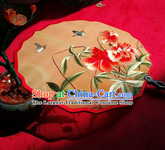 Handmade China Classical Palace Fan Traditional Hanfu Fans Wedding Silk Fan Embroidered Red Flowers Fan