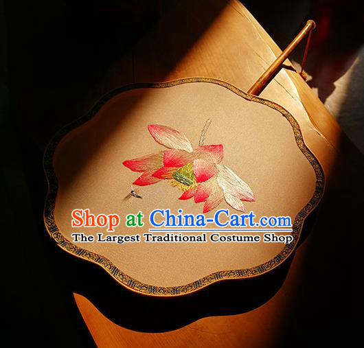 Handmade China Embroidered Lotus Fan Classical Palace Fan Traditional Wedding Silk Fan
