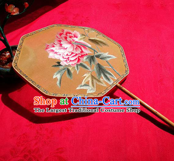 Handmade China Classical Palace Fan Embroidered Peony Fan Traditional Hanfu Yellow Silk Fan