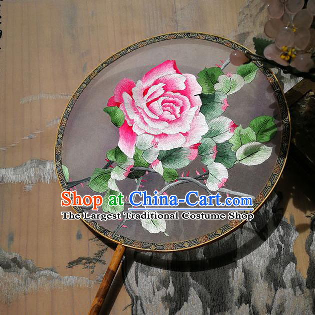 Handmade China Circular Fan Traditional Palace Fan Hanfu Silk Fan Embroidered Rose Fan