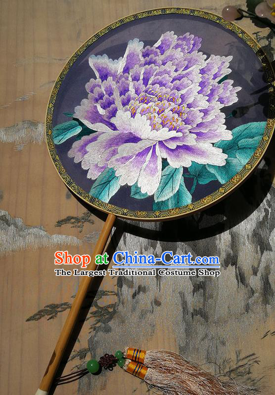 Handmade China Embroidered Purple Peony Fan Hanfu Silk Fan Circular Fan Traditional Palace Fan