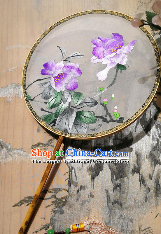 Handmade China Hanfu Silk Fan Circular Fan Traditional Palace Fan Embroidered Purple Peony Fan