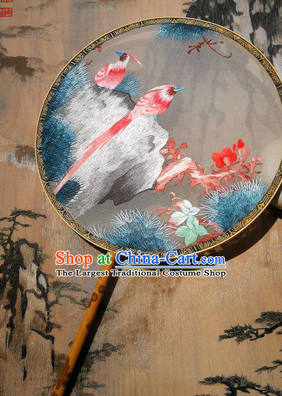 Handmade China Traditional Hanfu Grey Silk Fan Circular Fan Palace Fan Embroidered Birds Fan