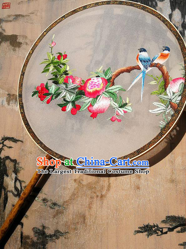 Handmade China Traditional Hanfu White Silk Fan Circular Fan Palace Fan Embroidered Pomegranate Birds Fan